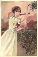 Italian art postcard, lady with tennis racket, s: T. Corbella