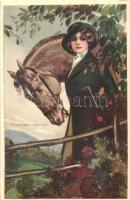 Italian art postcard, lady with horse, s: T. Corbella