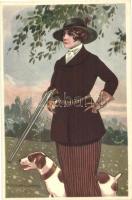Hunter lady, dog, Italian art postcard, , s: T. Corbella