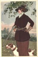 Hunter lady, dog, Italian art postcard, , s: T. Corbella