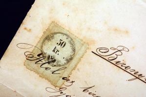 1864 Borosjenő, Gyógyszerész számára jó munkavégzésről kiállított bizonyítvány 50kr okmánybélyeggel