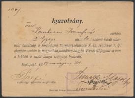 1919. május Bp., Pénzügyi népbiztosi igazolás ház magántulajdonban való meghagyásáról