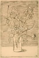 Takács Dezső (1933-): Virágcsendélet. Rézkarc, papír, jelzett, üvegezett keretben, 11×7 cm