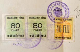 1938 Miskolc bizonyítvány 40 + 2x80 f városi ínségbélyeggel