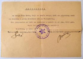 1945 január: Magyar munkásszázadban szolgálatot teljesített részére szóló utazási igazolvány jugoszláv partizánoktól. Szabadka. / 1945 Document for Jewish forced worker from Yugoslavian partizans