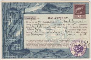 1943 Bp., Budapesti lakos számára kiállított halászjegy 5 pengős okmánybélyeggel / fishing ticket