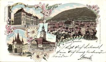 Brassó, Kronstadt, Brasov; Városháza, felső reáliskola, Katalin kapu, látkép, H. Zeidner kiadása / town hall, school, gate, general view, floral, litho (EB)