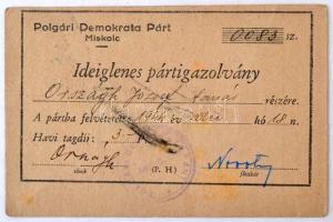1944 Polgári Demokrata Párt ideiglenes pártigazolvány tagsági bélyegekkel