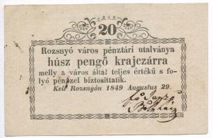 Rozsnyó 1849. 20kr "Rozsnyó város pénztári utalványa" T:III ROZ-2.1