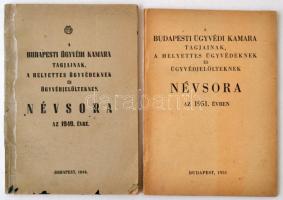 1949,1951 A Budapesti Ügyvédi Kamara tagjainak, a helyettes ügyvédeknek és ügyvédjelölteknek névsora. Két évi kiadás.