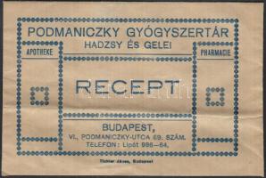 cca 1930 Podmaniczky Gyógyszertár, Hadzsy és Gelei receptboríték, 8x13cm