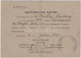 1945 Bp., Pártigazolvány, mely igazolja hogy az adott személy az Ideiglenes Nemzeti Kormányban a Füg...