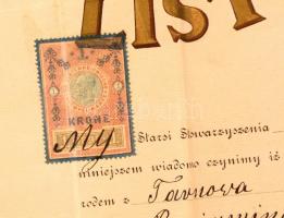 1898 Lengyel szabó tanonc felszabadító oklevele, Tarnów város, okmánybélyeggel, hajtásnyommal, 42x53...