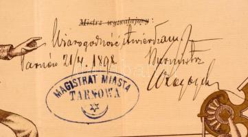 1898 Lengyel szabó tanonc felszabadító oklevele, Tarnów város, okmánybélyeggel, hajtásnyommal, 42x53...
