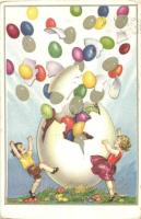 'Boldog Húsvéti Ünnepeket' / Easter greeting postcard, eggs, children (EB)