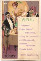 Törley pezsgő, étlap / Hungarian champagne advertisement with menu, litho art postcard (fl)