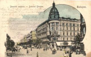 Budapest, VIII. Nemzeti színház, Ehm János étterme, villamosok,Biztosító-részvénytársaság (fa)