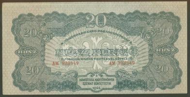 1944. 20P "V.H." erősen lefelé csúszott nyomat, előlapon erős fehér csík (vágatvonal) a felső szélen T:I- R!