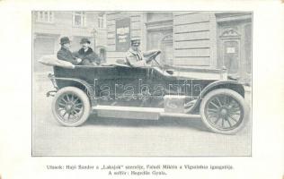 Benz automobil; Utasok: Hajó Sándor, Faludi Miklós, és Hegedűs Gyula sofőr, Színházi Élet melléklete