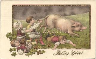 New Year, pig, children, humour, golden decorated litho (Rb)