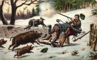 Hunting party, humour wild boar with hunters, Serie 1141. (EK)