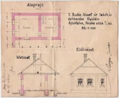 cca 1926 Ajtósfalva, Családi ház alaprajza, hátoldalán városi okmánybélyegekkel