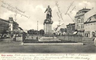 Marosvásárhely, Targu Mures; Bem szobor, Hary Géza, Schwartz János és Petrási Géza üzlete / statue (EK)