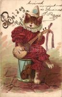Cat Clown with lute, litho