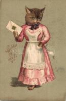 Cat lady with letter, Emb. litho