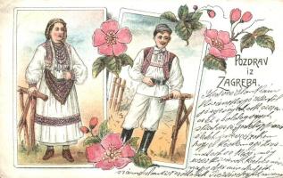 Zagreb, Pozdrav / Croatian folklore, floral, litho (EK)