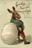 Easter, Smoking rabbit with egg, golden decoration Emb. litho