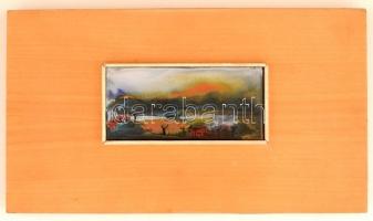 Zsignár István: Borsodi táj. Tűzzománc, fa alapon, hátoldalon jelzett, 7x15 cm