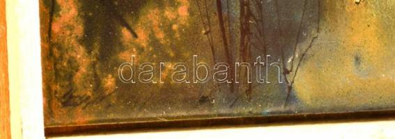 Zsignár István: Borsodi táj. Tűzzománc, fa alapon, hátoldalon jelzett, 7x15 cm