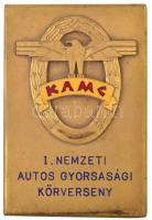 Berán Nándor (1889-1965) ~1930. "K.A.M.C. (Közép-magyarországi Autó- és Motor Club) - I. Nemzeti Autós Gyorsasági Körverseny" aranyozott és részben zománcozott Br plakett "Berán Nándor Iparművész Budapest I. Döbrentei u.2." jelzésű eredeti dísztokban (65x94mm) T:2