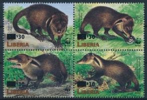 WWF Mongoose set overprinted overprint in block of 4, WWF: Mongúz sor felülnyomott változata négyestömbben