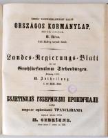 1858 Erdélyi Nagyfejedelemséget Illető Országos Kormánylap, 1858-dik évfolyam I-II. (Egybekötve: I rész I-től XXII-ig terjedő darab. II. rész I-től XIII-ig terjedő darab.) Hermannstadt (Nagyszeben), 1858, Theodor Steinhaußen. Korabeli félvászon kötés. Magyar, német és román nyelven. Könyvtári bélyegzővel. Ex libris-szel. (Bibliothecae Universitatis Kolozsvár). A borító némileg kopottas.