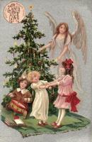 Christmas, angel with children, Konrad's Uhren advertisement on the backside, silver litho (b)