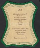 1976 Mindenféle finom falatot kínáló nemez-bőr menükártya, Telki 1976. november 19. felirattal, 15x11 cm.
