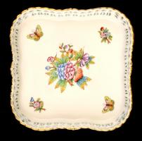 Herendi Viktória mintás áttört tál, kézzel festett, jelzett, restaurált, 17×17 cm