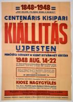 1948 Újpest, A Centenáris Kisipari Kiállítást hirdető nagyméretű plakát, hajtott, 84x59 cm