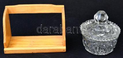 Két porcelán fűszertartó, fa tartóban, egy porcelán és egy üveg cukortartó, 4 db, jelzetlen, hibátla...