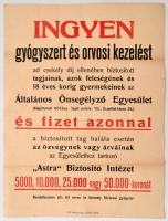 cca 1920-1927 Az Általános Önsegélyező Egyesület gyógyszert és orvosi kezelést hirdető kisplakátja, hajtott, 33x24 cm