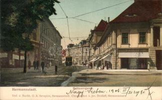 Nagyszeben, Hermannstadt, Sibiu; Heltauer utca, Julius Wermescher üzlete, villamos / Heltauergasse / street, shop, tram