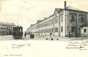 Pozsony, Pressburg, Bratislava; Kefe-gyár, villamos, Verlag Bediene dich allein / brush factory, tram