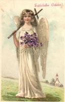 16 db RÉGI motívumlap, litho és dombornyomott lapokkal; vegyes minőség; húsvéti üdvözlő / 16 old mot...