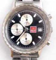 West cigaretta márka logós karóra, kronográfos, fekete számlappal, működik, fém szíjjal