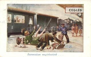 1949 Cegléd, Vasútállomás, humoros képeslap, kiadja Gárdony és Fenyvesi (EK)