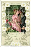 Teljes szívből; Titkos szerelem, Neuber Ráfael Mű-kiadása S. 32. / Romantic art postcard, Kissing couple, floral litho s: H. Schubert