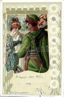 Fájó szívvel; Titkos szerelem, Neuber Ráfael Mű-kiadása S. 32. / Romantic art postcard, lady with soldier, floral litho s: H. Schubert