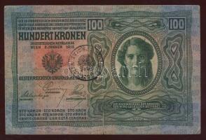 1912. 100K román ellenbélyegzővel, szabálytalanul az osztrák oldalon majdnem középen leütve! T:III- R!